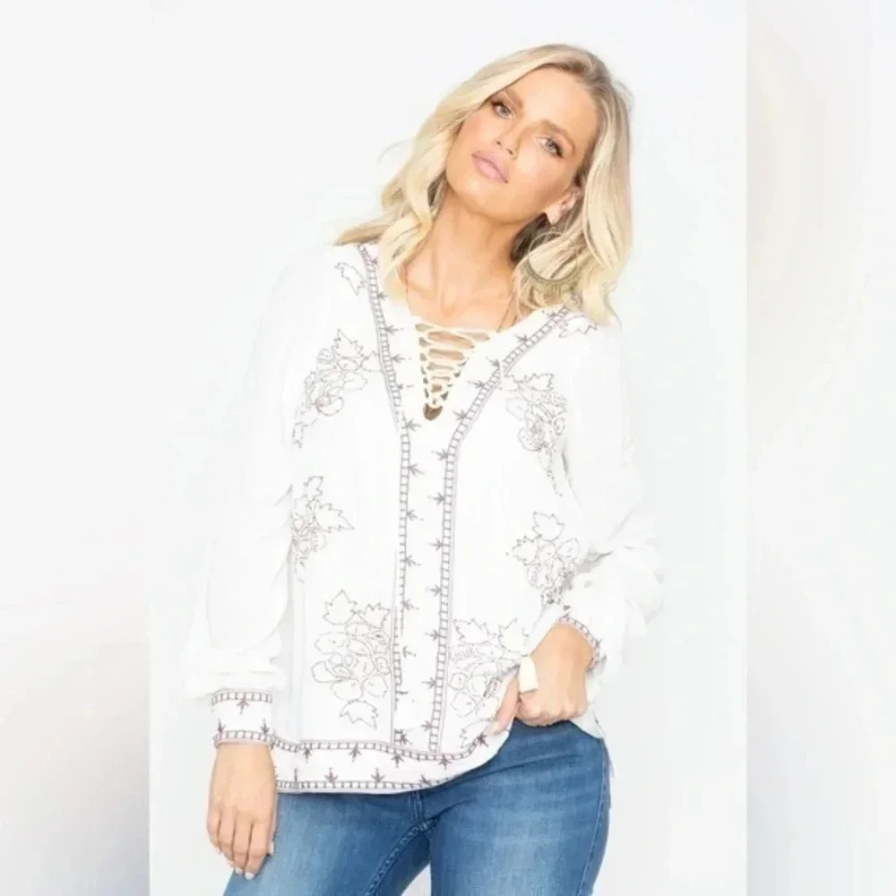 Idyllwind by Miranda Lambert | White Boho Western Homegrown Lace Up Top Size XS